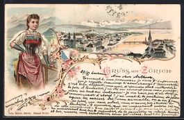 Litho Zürich, Teilansicht mit Bergen, F