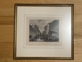 Gerahmter Stich „Lauterbrunnen mit dem Staubbach“ 34 × 32 cm