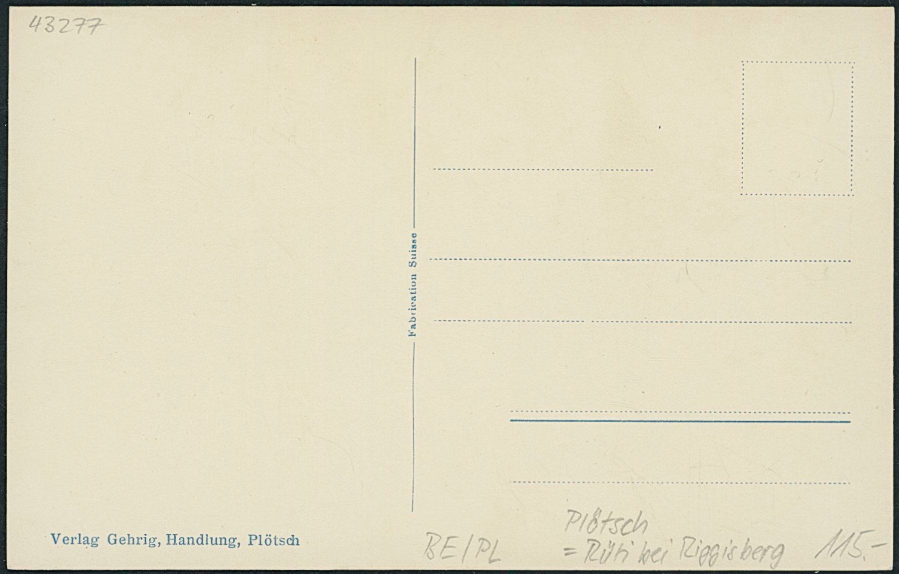 Cartoline postali: BE Plötsch - Rüti bei Riggisberg – Nuovo (secondo la descrizione) da Schindellegi venduto da stationary 1
