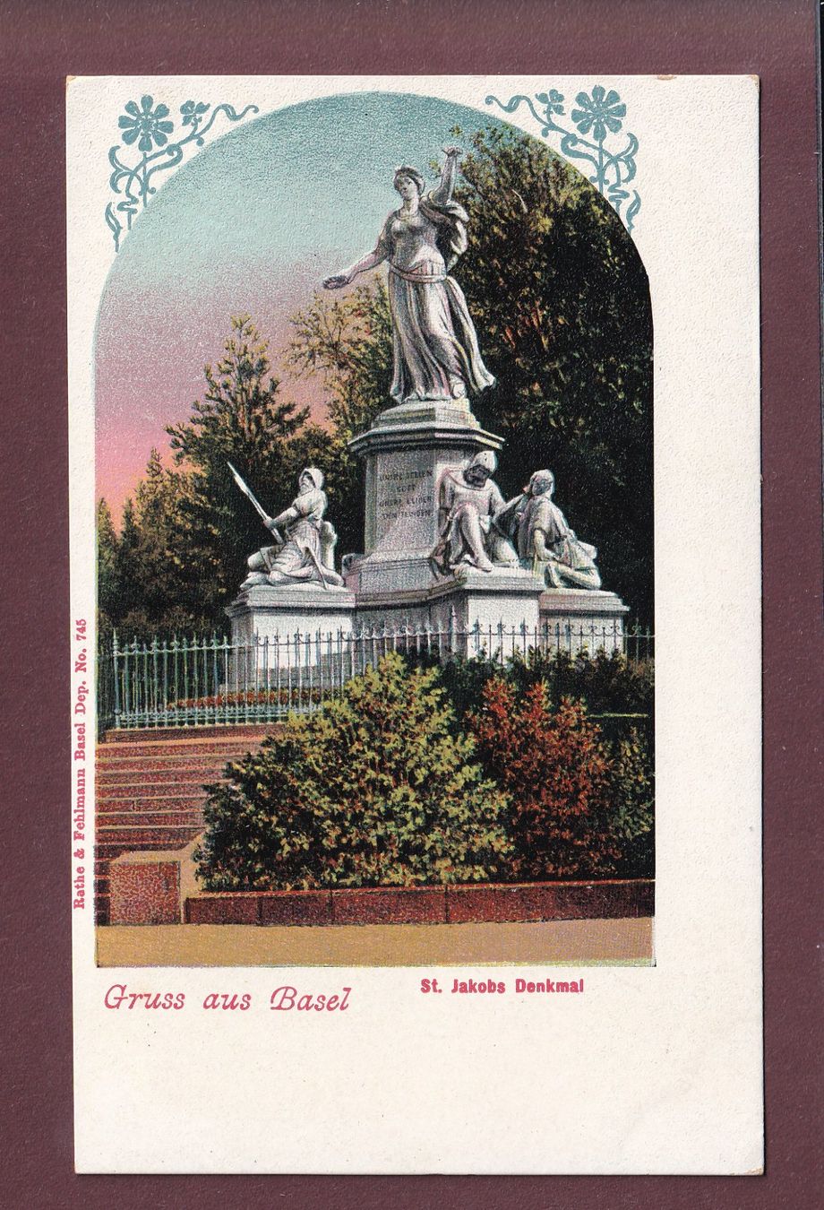 Ansichtskarten: Gruss aus BASEL - St. Jakobs Denkmal – Gebraucht aus Pully von nicecards
