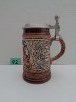 Keramik Bierhumpen mit Zinndeckel 0.3 L Relief - Handmalerei