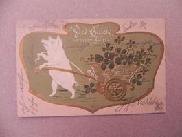Präge Karte Motiv Humor Schwein Sau 1902 Neujahr Jugendstil