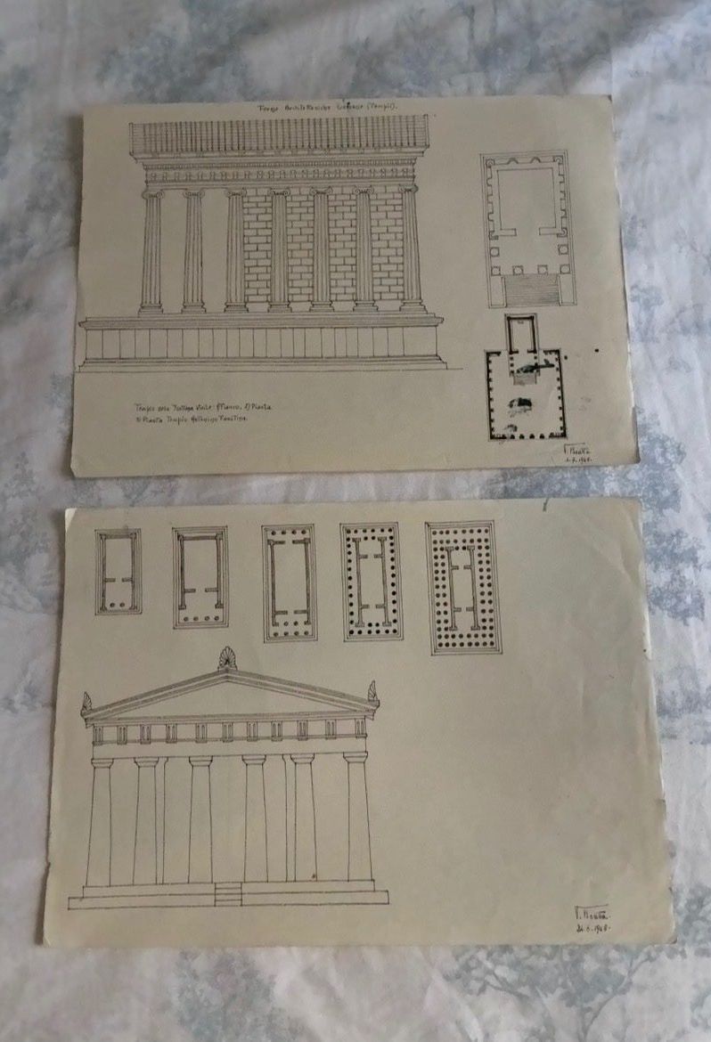 Dipinti: 2 Dessins architecturaux temples grecs, plans, elevacions. – Usato da Genève venduto da gen_sk2c