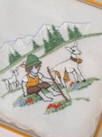 Vintage SWISS Taschentuch Stickerei Berge Ziegen Schäfer
