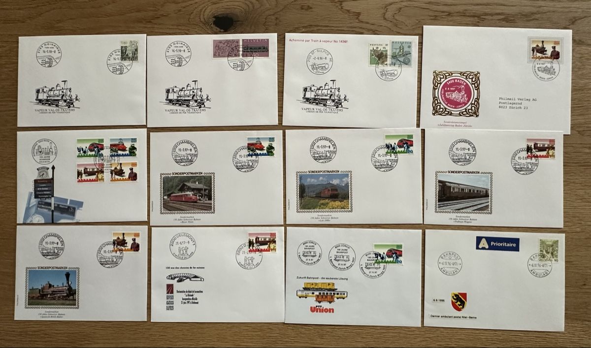 Tutti i francobolli: Schweiz - 12 Sonderbriefe BAHNPOST  – Usato da Schmitten / FR venduto da Samsara169