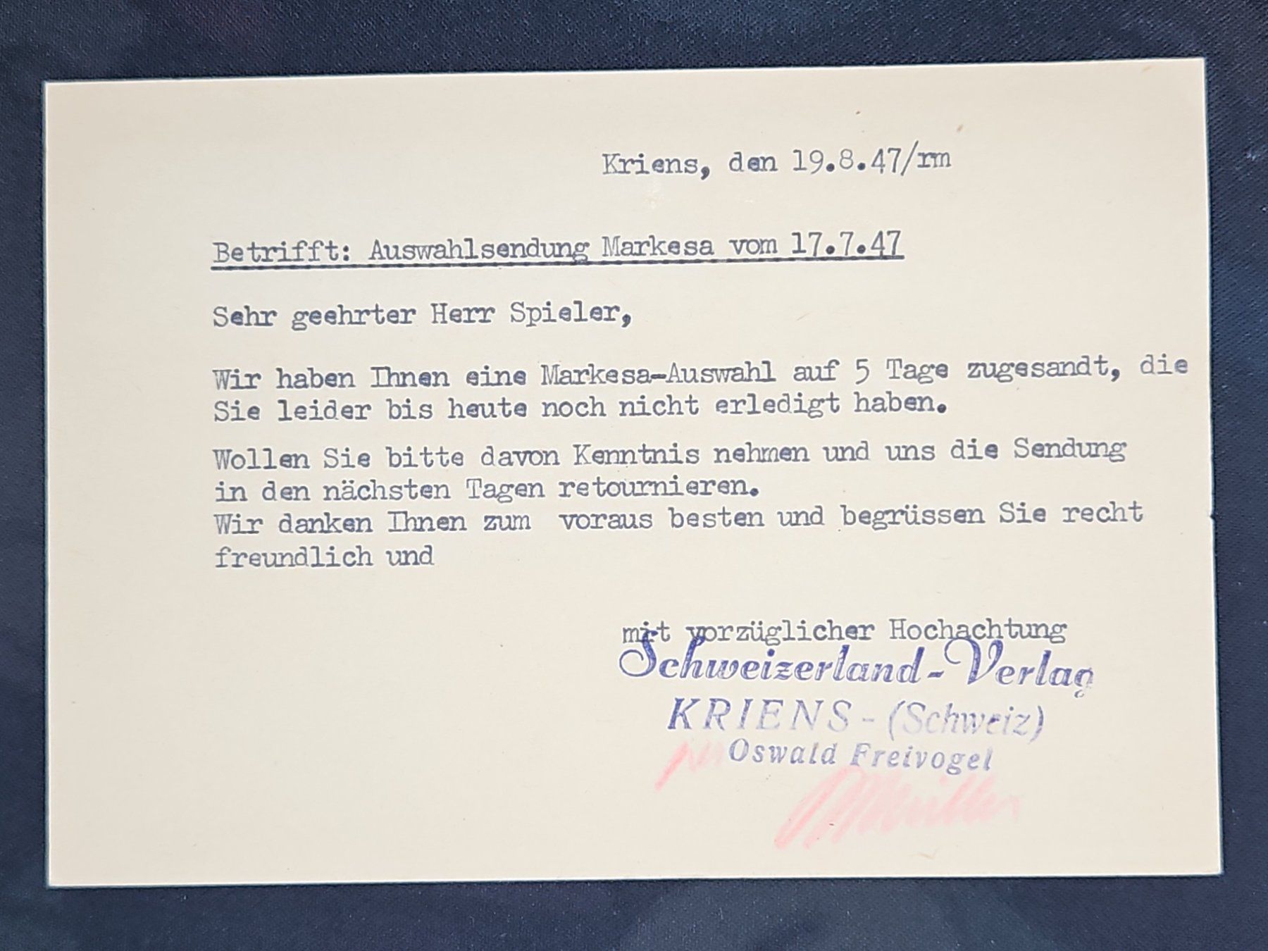 Tutti i francobolli: CL23 Carte Postale + Timbre Suisse 1947 – Usato da Cousset venduto da Patrick_Collections 1
