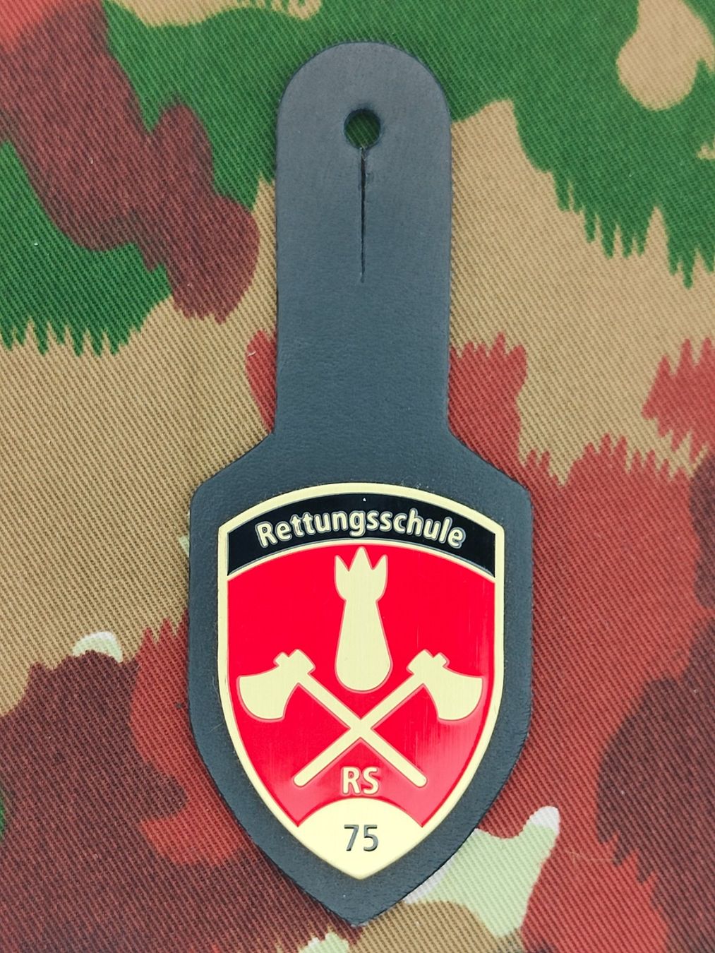 Schweizer Armee Placchette & Badge: Brusttaschenanhänger Rettungsschule RS 75 – Usato da Bauma venduto da SwissMilitaria