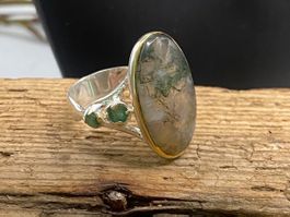 Silber Ring mit Moosachat im Art-Déco-Stil Gr.56