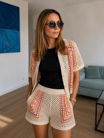 Sandro Paris Crochet Set Gr. M, Cardigan & Shorts