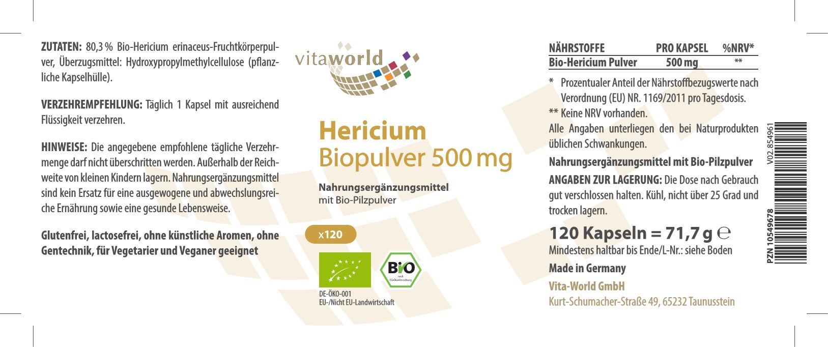 Nahrung, Vitamine & Mineralien: Hericium Biopulver 500mg 120 Vegi Kaps. – Neu und originalverpackt aus Tiefenbach von nhp-bedarf 1