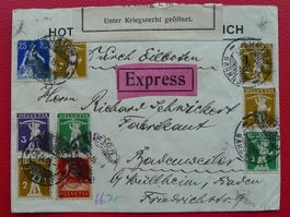 1916 zensurierter Express-Brief, 9 Marken ZÜRICH-Badenweiler