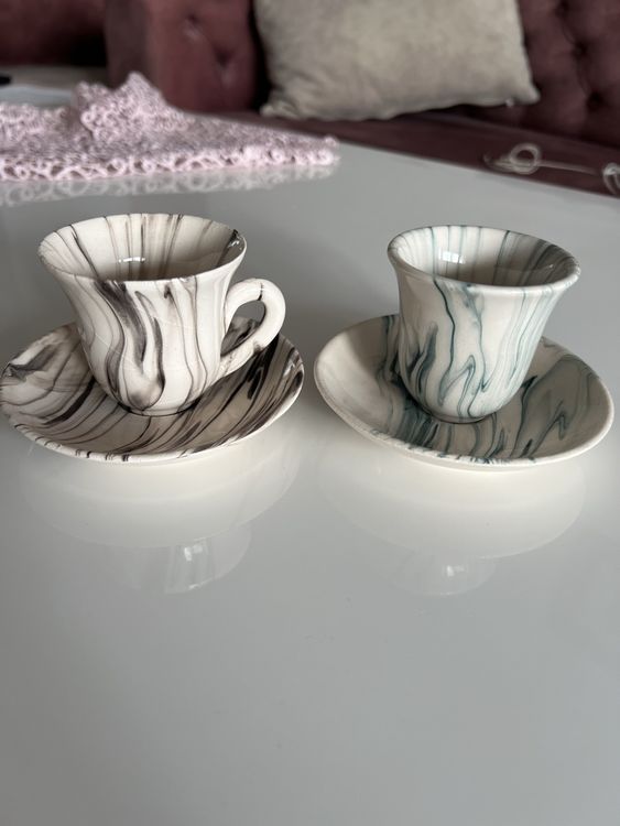 Set De 2 Tasses à Espresso En Céramique - 70 Ml, Poignée En Bois - Vert Et Bleu - Compatible Lave-vaisselle Et Micro-ondes - 4