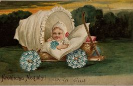 Prägedruck, Neujahr, Kinder, Kinderwagen, Blumen