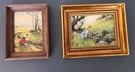 2xVintage Kunstdrucke Karl Kühnle-Mädchen am Bach (Blau&rot)