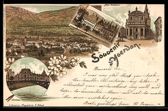 Cartoline postali: Litho Yverdon, Place Pestalozzi, Bains,  – Usato da Berlin venduto da bartko-reher