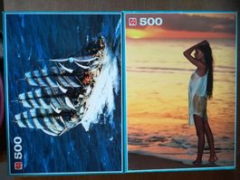 2 Puzzle 500 Teile Segelschiff Frau Sonnenuntergang guter...