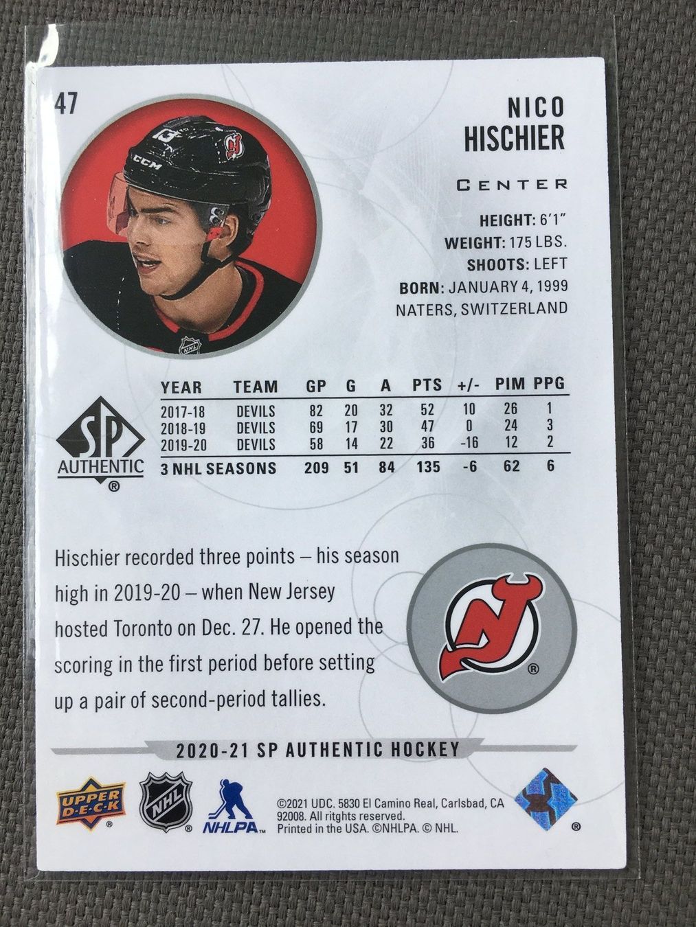 NHL Carte collezionabili: SP Authentic 20/21 #47 Nico Hischier NJ Devils – Usato da Grüningen venduto da Peterpan99 1