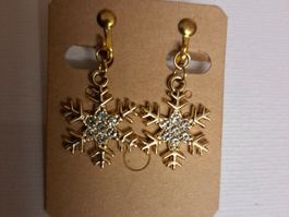Goldfarbene Glitzer Schneeflocken Ohrclips Winter NEU