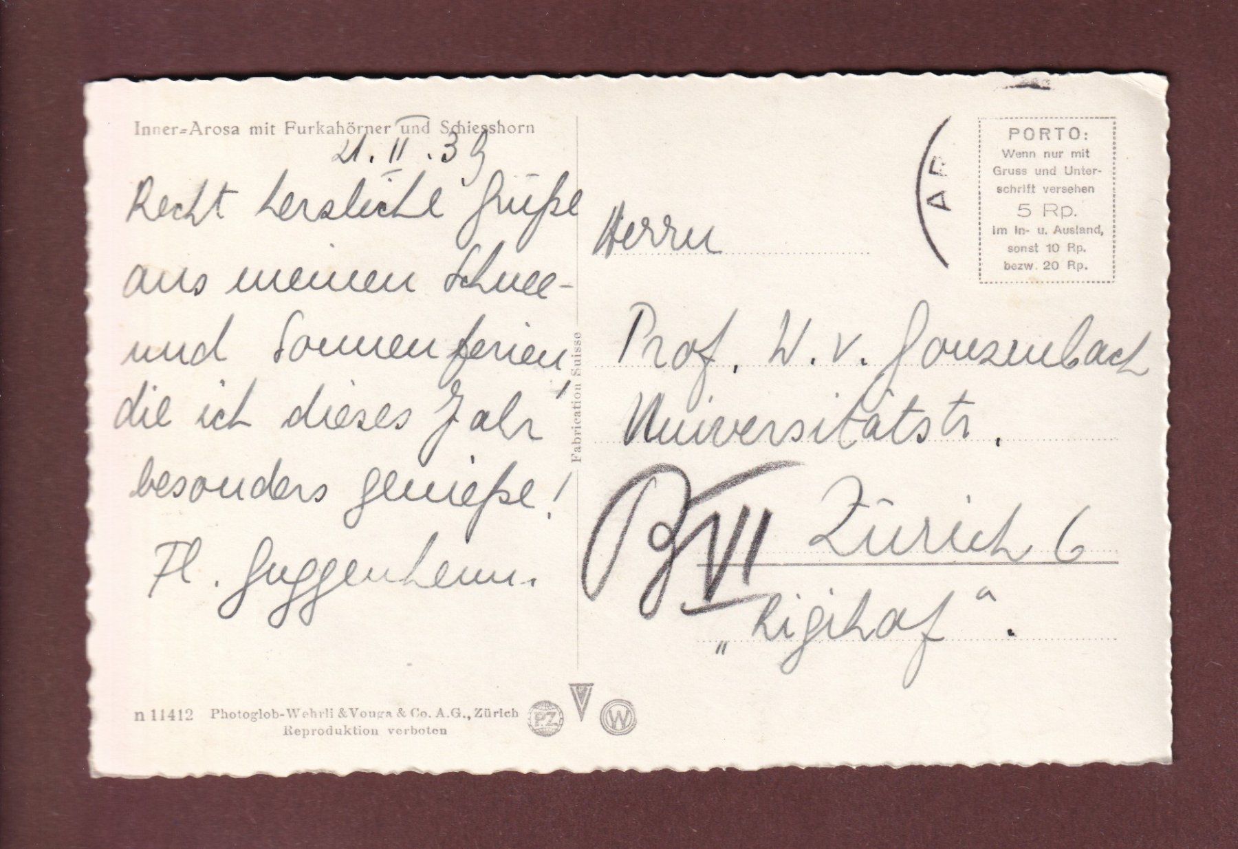 Ansichtskarten: INNER-AROSA - 1939 – Gebraucht aus Pully von nicecards-shop 1