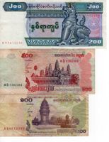 2 x Banknoten aus Cambodia und 1x Myanmar