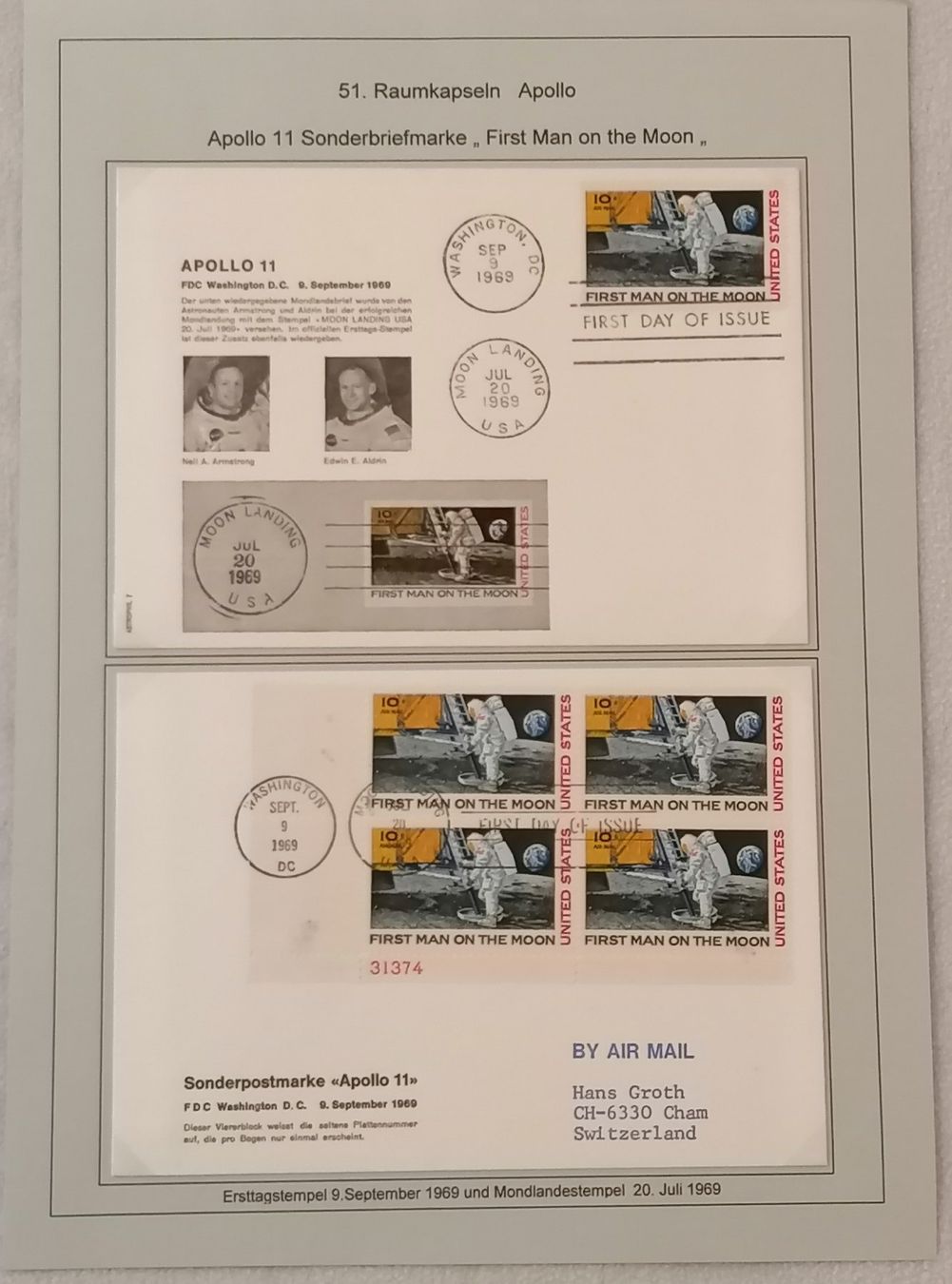Tutti i francobolli: Apollo 11 + 12 Briefe / Briefmarken mit Startdatums Stempel – Usato da Wangen an der Aare venduto da Ute 7