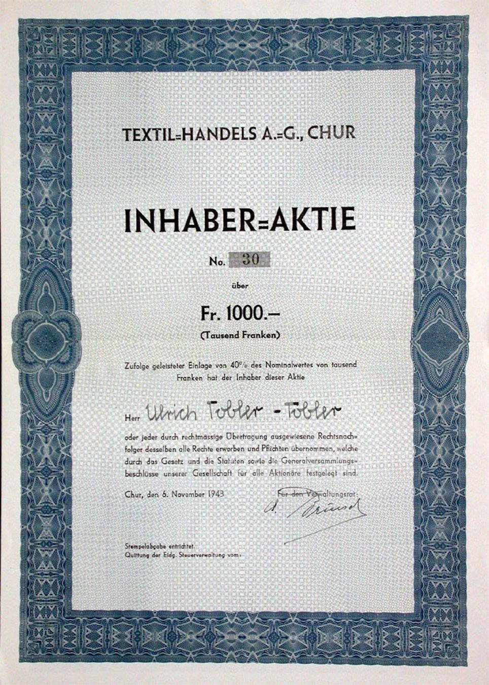 Dokumente: Textil-Handels AG Chur, Chur - 1943 – Gebraucht aus Solothurn von Sgasche