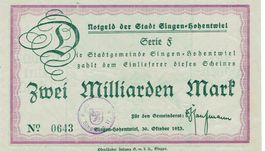 Singen Hohentwiel 2 Mrd.Mark+Stempel 30.10.1923 VZ+-VZ++