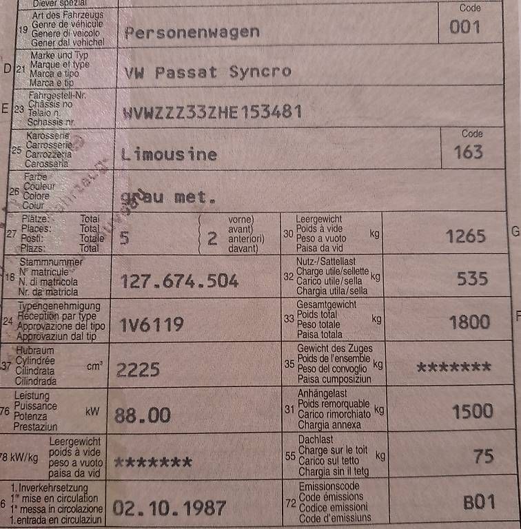 Autos: VW Passat Syncro GT Variant, 1987 – D'occasion à Appenzell Schlatt par chrifri91 1