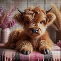 Kreuzstich-Sticken-Handarbeit-Highland-Kalb-30x30cm-Bild