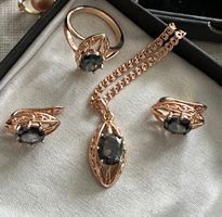 Ensemble bijoux or rose pierre ovale bague pendentif bouc...