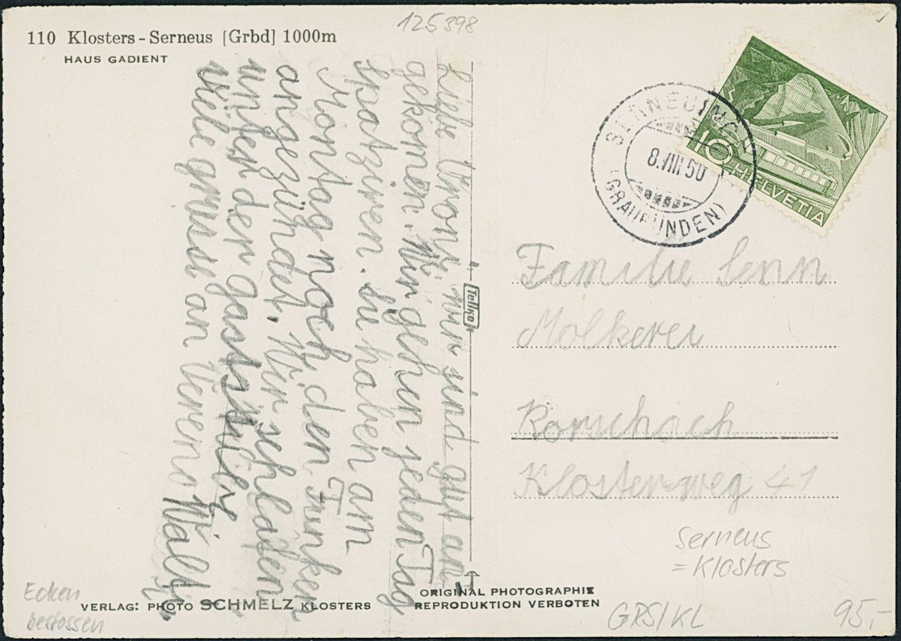 Cartoline postali: GRS Serneus - Klosters – Usato da Schindellegi venduto da leecollect 1