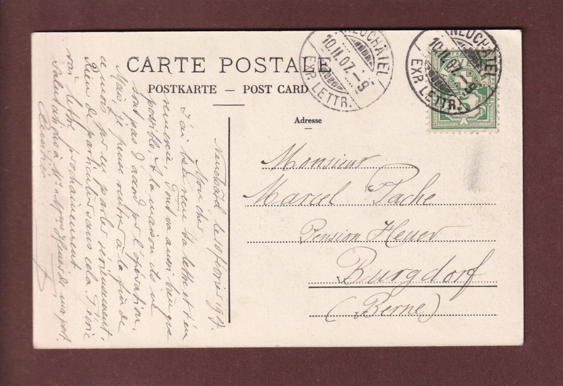 Cartoline postali: NEUCHÂTEL - Vue sur les Parcs - Train - 1907 – Usato da Pully venduto da nicecards 1