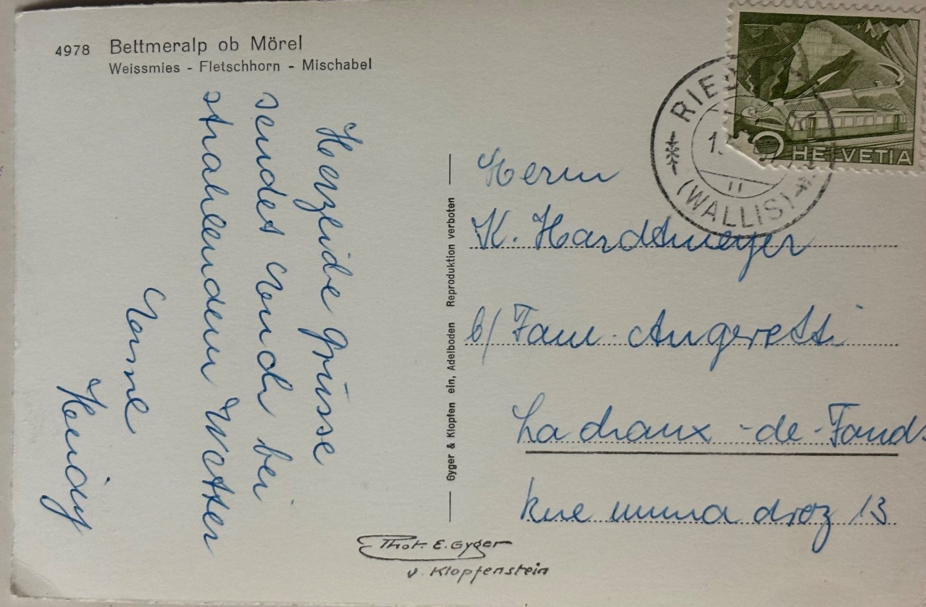 Cartoline postali: E. Gyger - Bettmeralp ob Mörel – Usato da Frauenfeld venduto da Merk52 1