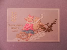 Karte Motiv Humor mit Schwein  Sau 1911 Glück Schlitten Gold