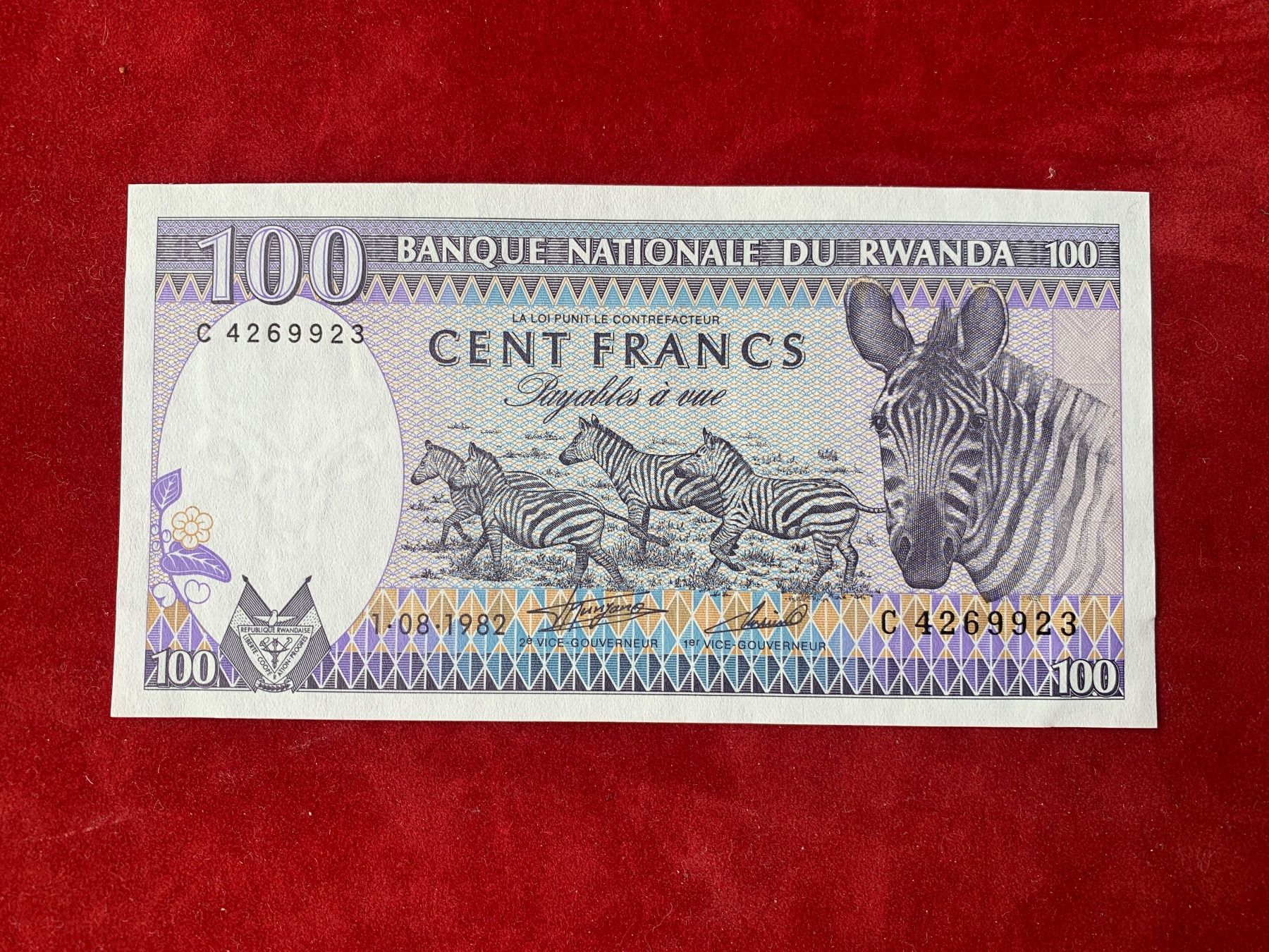 Banconote: RWANDA - Cent Francs 1-08-1982 - Uncirculated / Unzirkuliert – Usato da Le Lignon venduto da Trikles