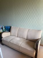 Sofa beige fabric with wooden armrests 