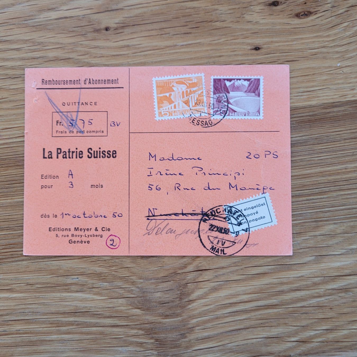 Tous les timbres: Nachnahme Remboursement Abo. Neuchâtel 1950 – D'occasion à Biel/Bienne par Destockweb