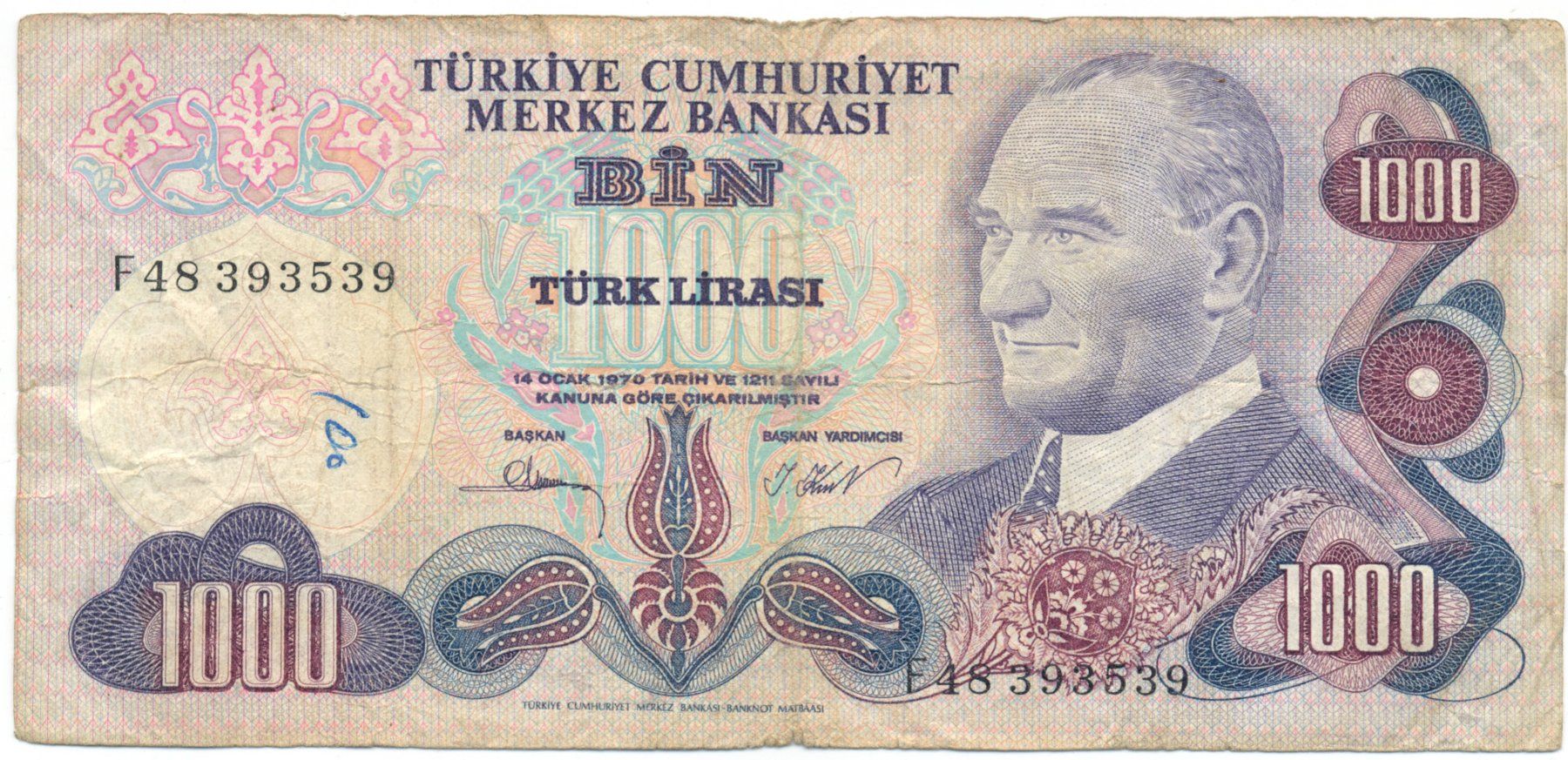 Banknoten: Türkei 1000 Lira P191 – Gebraucht aus Au SG von Zogu