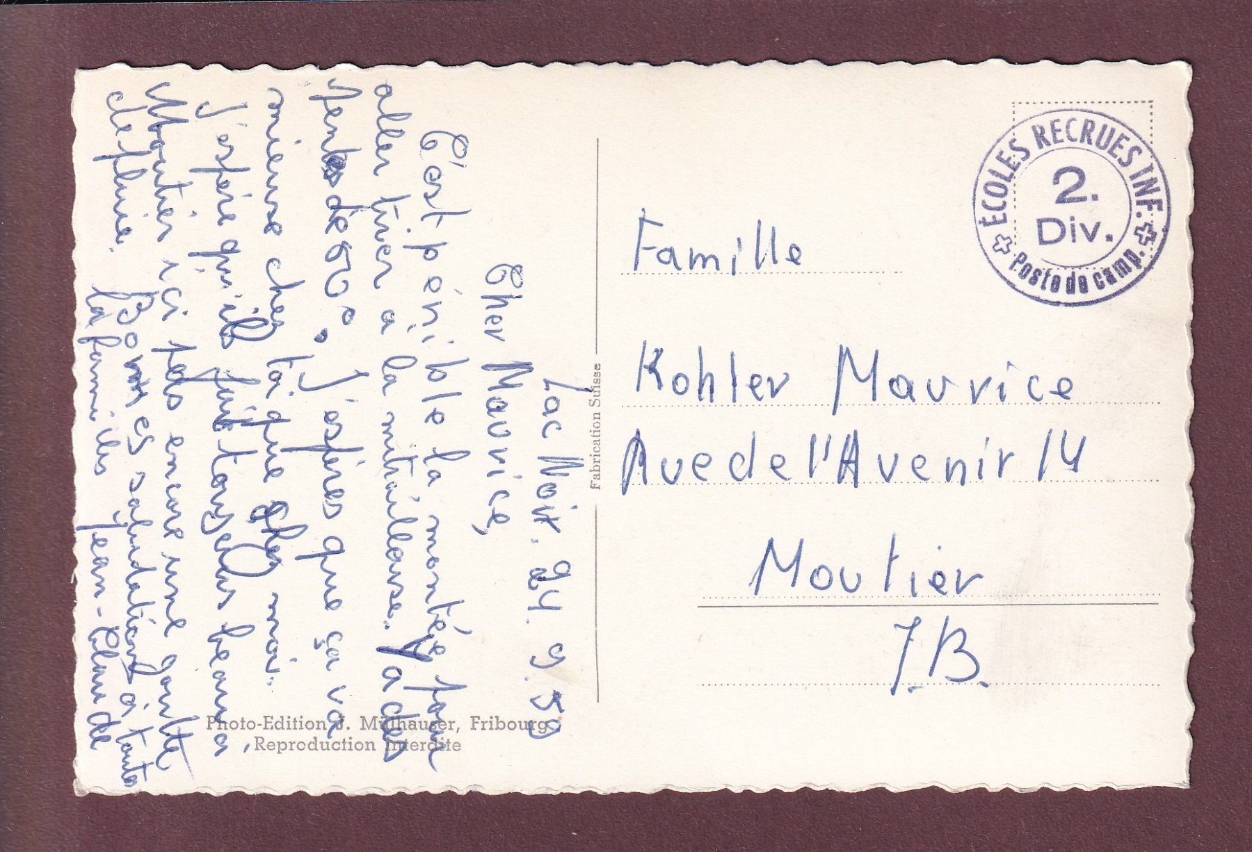 Cartoline postali: LAC NOIR / SCHWARZSEE - 1959 - Feldpost – Usato da Pully venduto da nicecards 1