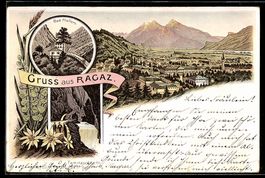 Lithographie Ragaz, Gesamtansicht, Bad Pfäfers, Taminaschluc