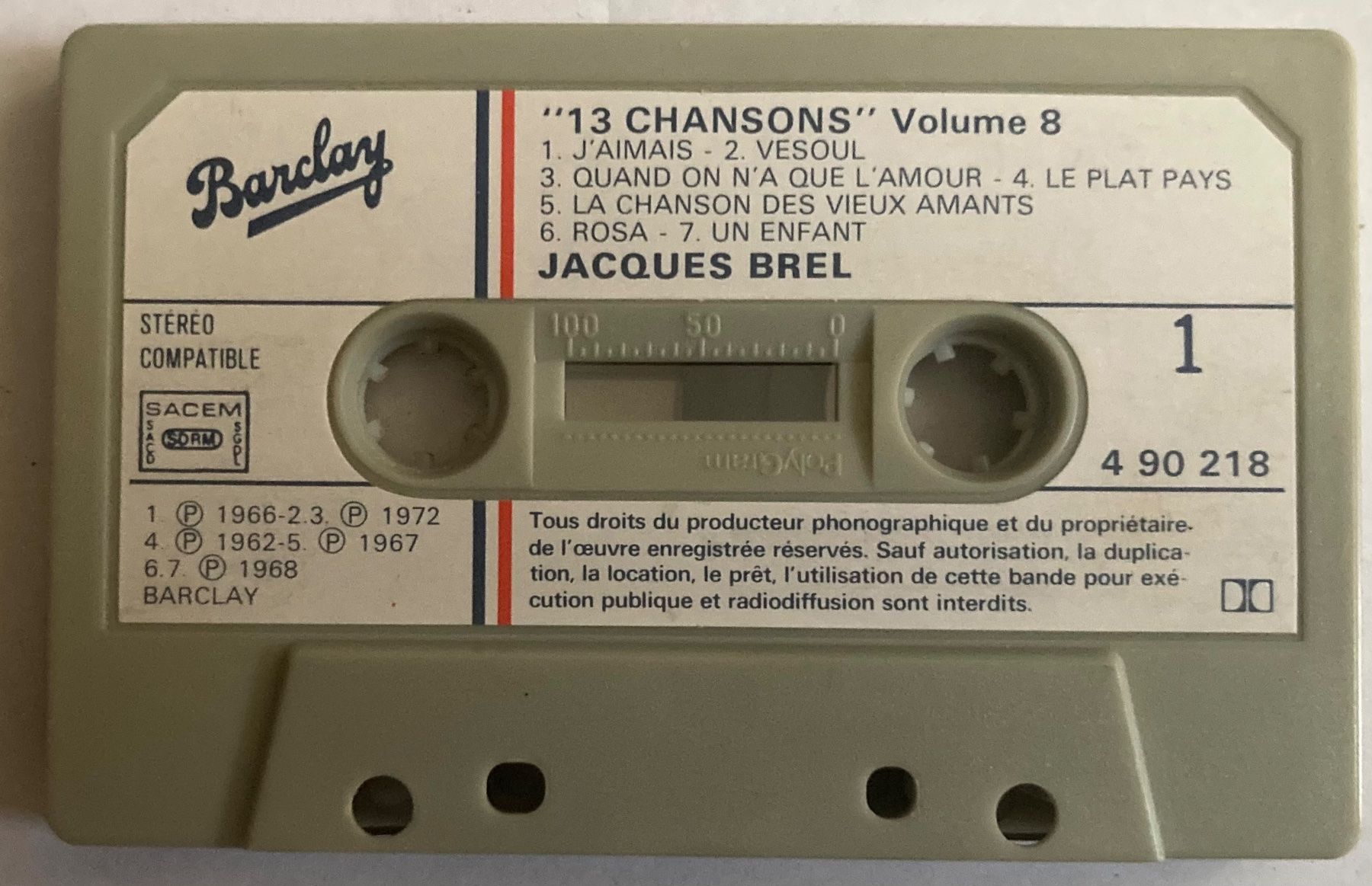 Musicassette: JACQUES BREL - "13 CHANSONS" VOLUME 8 – Usato da Poliez-Pittet venduto da Newtown-Records 2
