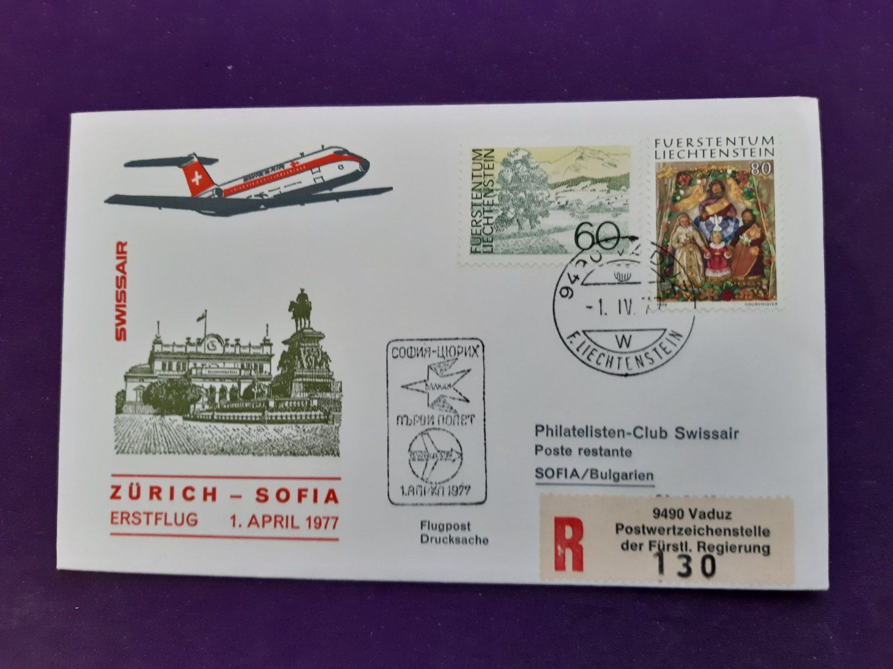 Tutti i francobolli: Erstflugbrief VADUZ-Zürich-SOFIA 1. April 77, eingeschrieben – Nuovo (secondo la descrizione) da Wangs venduto da weisstannen01