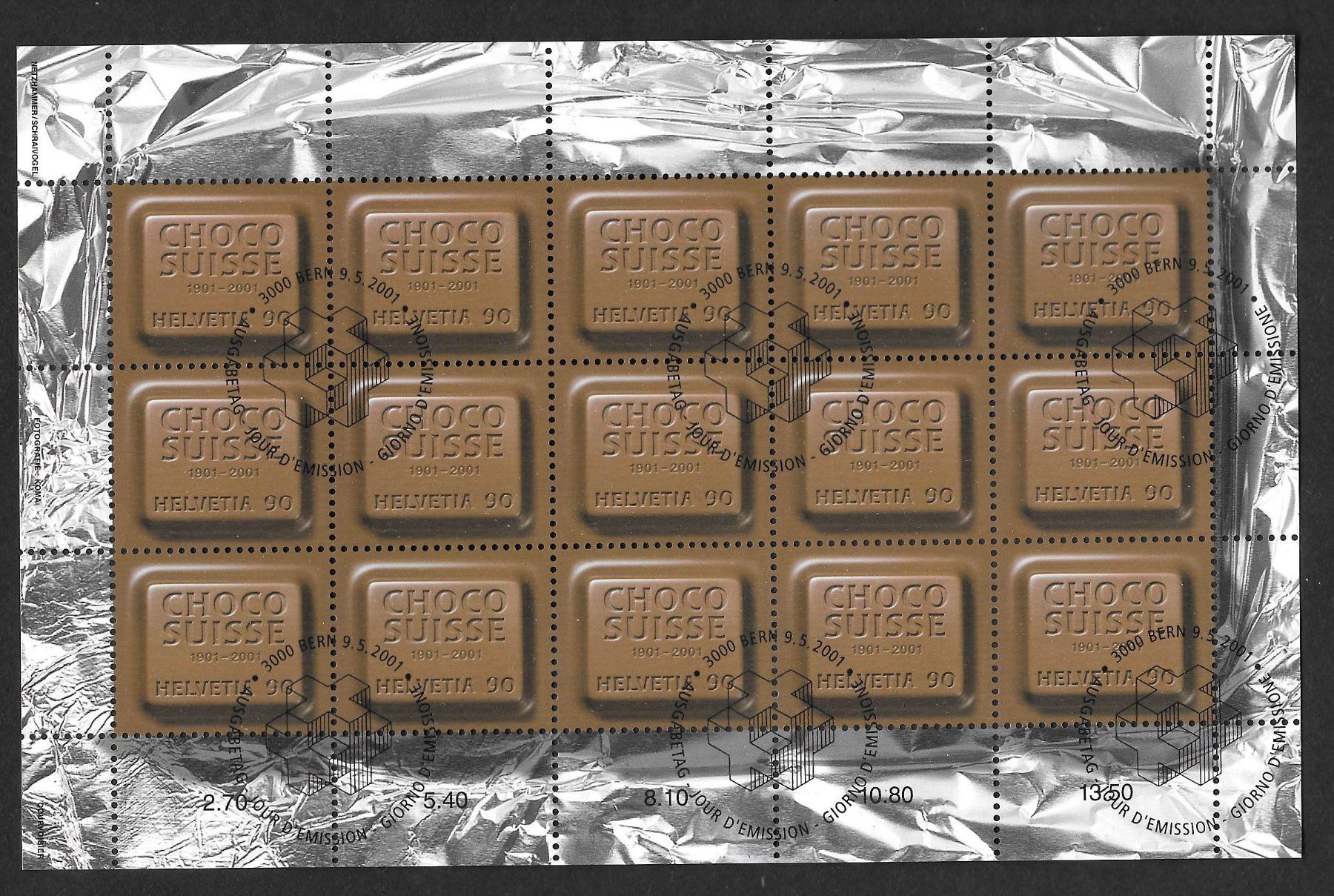 Tutti i francobolli: Kleinbogen 1024 100 Jahre Choco Suisse ET Bern 9.5.2001 – Nuovo (secondo la descrizione) da Olten venduto da clotaldi