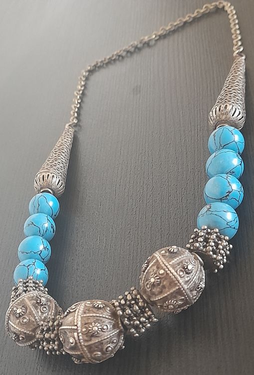Bracelet Vintage Style Oriental En Métal Argenté Avec Fausse Turquoise - Élégance Bohème