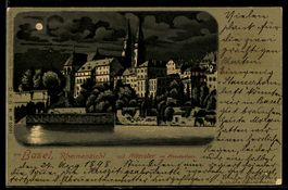 Lithographie Basel, Rheinansicht mit Münster
