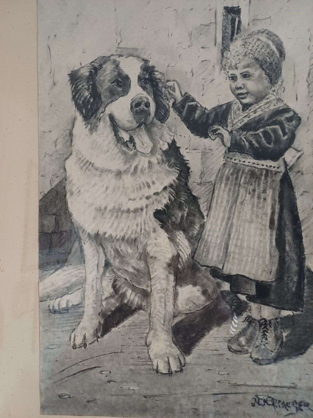 Tableaux: Gemälde Bernhardiner Hund mit kleinen Mädchen Technik mixte – D'occasion à Marly par Rolmax 1
