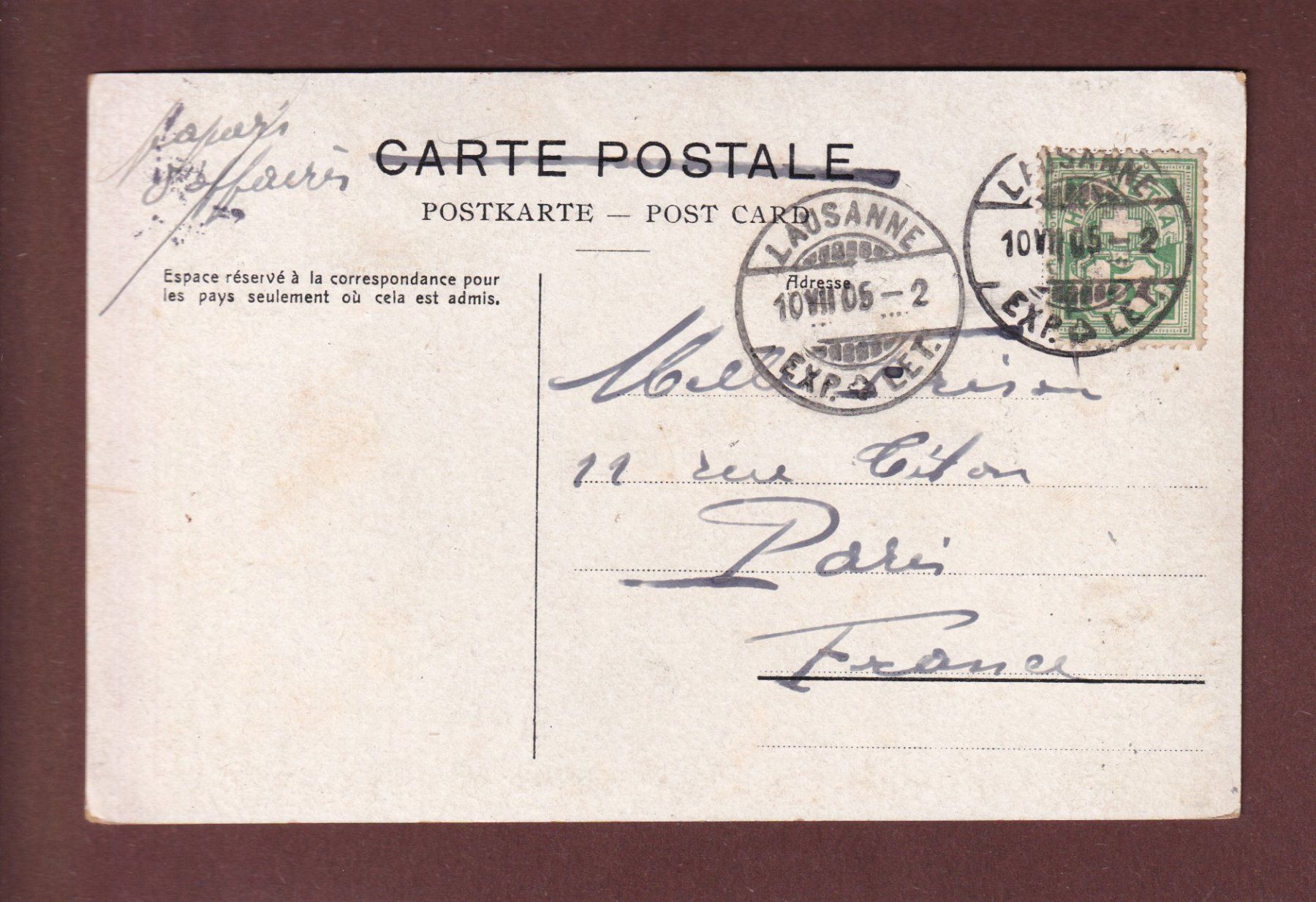 Cartoline postali: LAUSANNE - Ouchy - 1905 CPN – Usato da Pully venduto da nicecards-shop 1