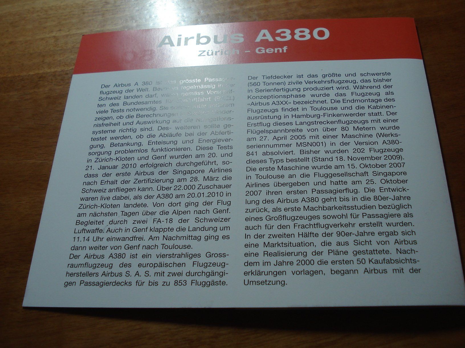 Tutti i francobolli: Folder Airbus 380, Zürich - Genf, 2010 – Usato da Niederwil AG venduto da morostahu 2