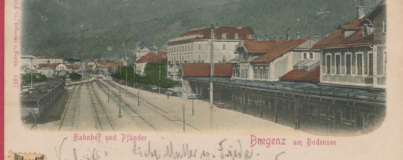 Cartoline postali: Bregenz am Bodensee   :  alte Ansichtskarte mit Bahnhof 1902 – Usato da Vitznau venduto da Ropaku 1