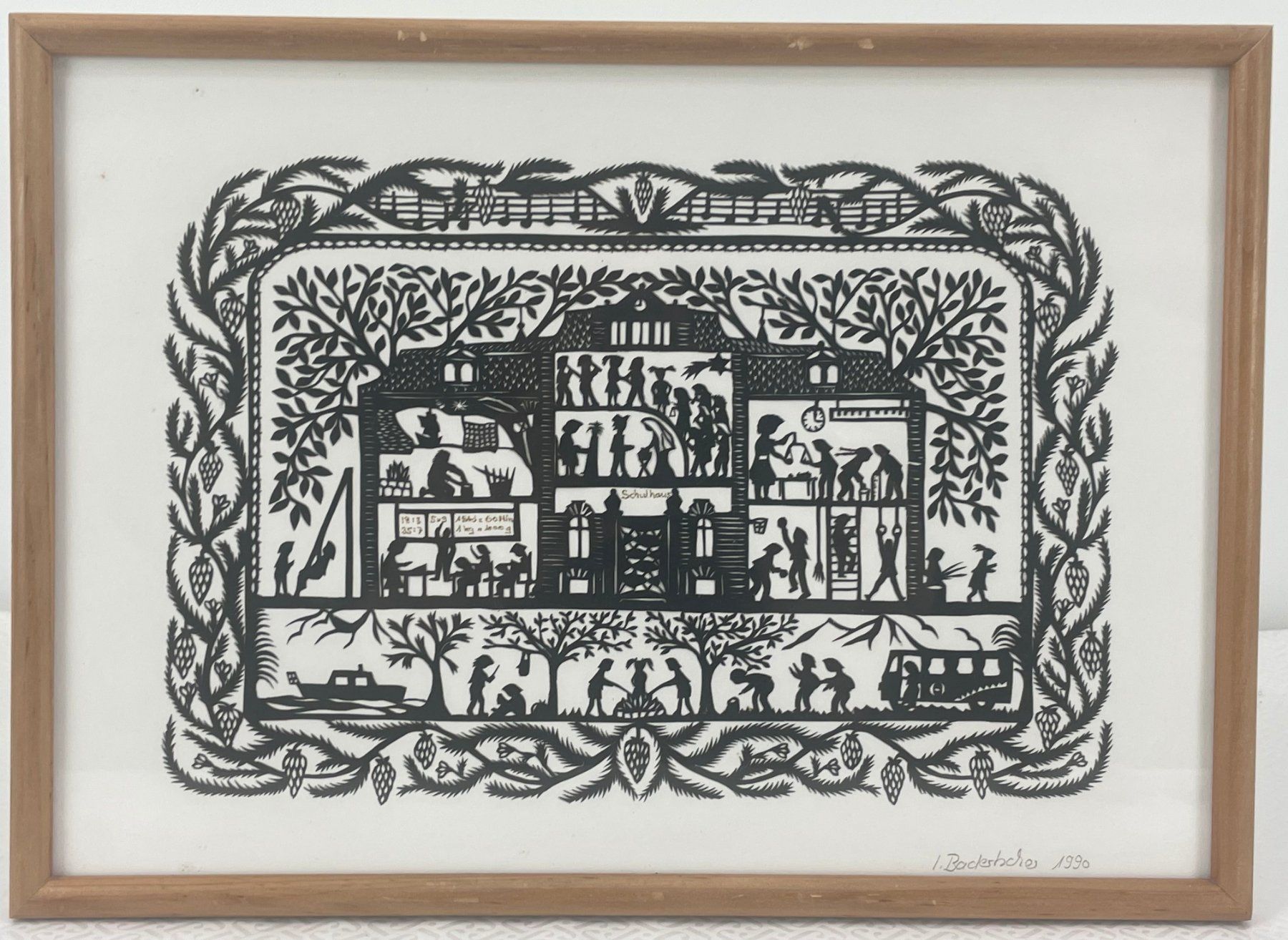 Grafiken & Lithographien: Scherenschnitt I. Badertscher 1990 Schulhaus – Gebraucht aus Volketswil von Artivo